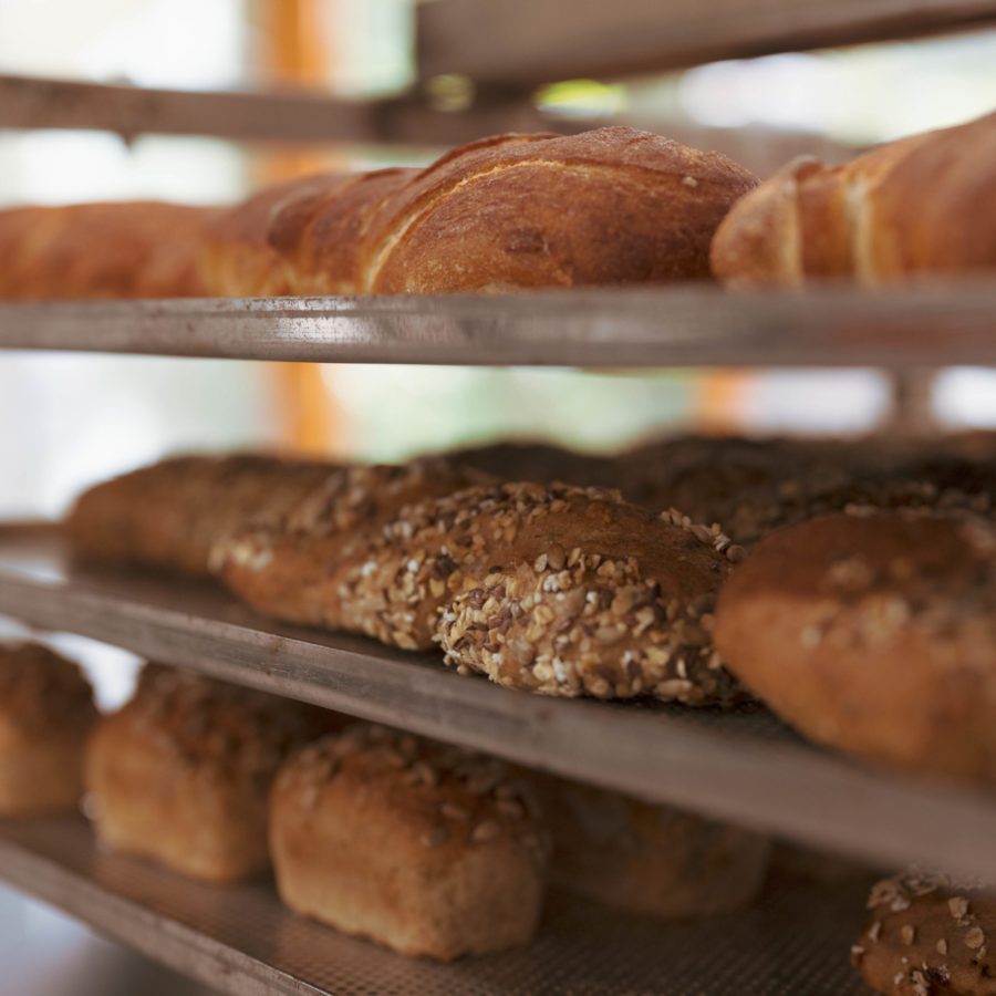 Gebackene Brote liegen auf dem Blech in der Bäckerei.