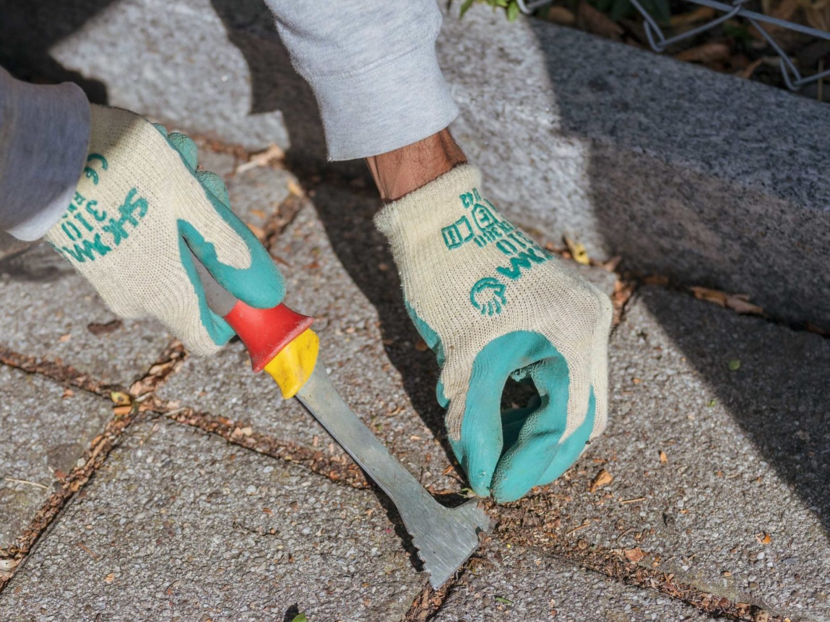 Eine Person mit Gartenhandschuhen jätet Unkraut auf einem Plattenboden.