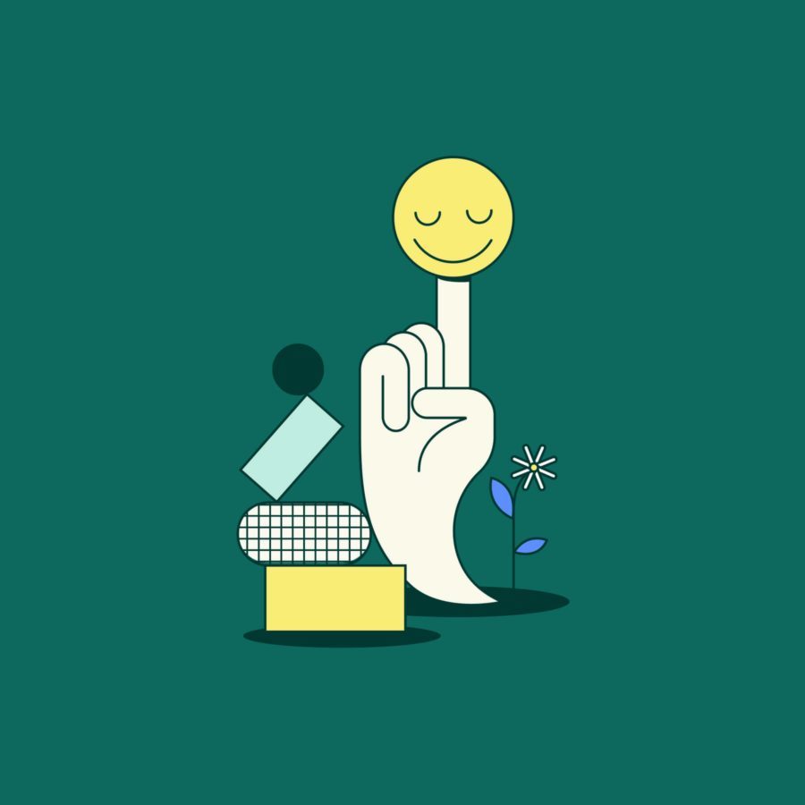 Illustration Hand mit lächelndem Smiley auf Zeigefinger.