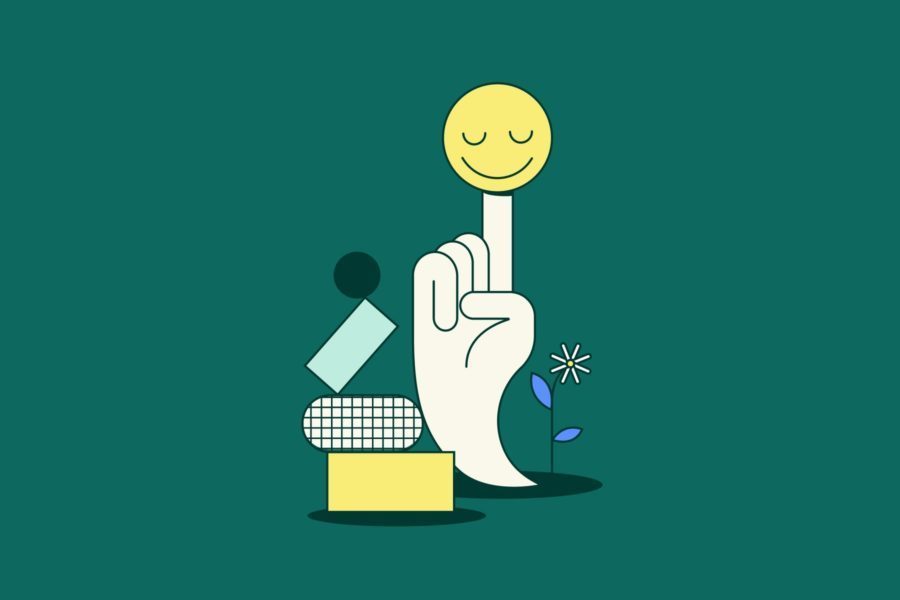 Illustration Hand mit lächelndem Smiley auf Zeigefinger.