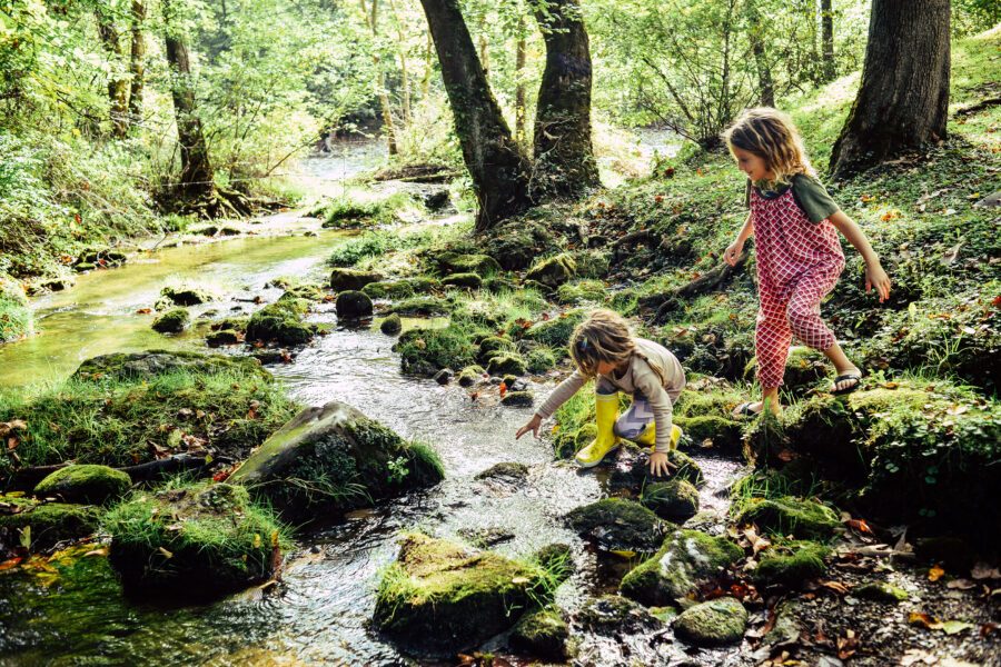 Kinder spielen draussen im Wald